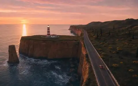 A red and white lighthouse on a sandstone headland at dusk, a tiny red roadster on the cliff road beside it