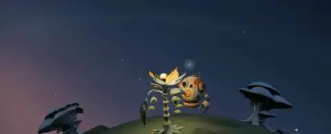 Little Lights gameplay: a tiny hovering robot beside a glowing alien flower on a twilight planet