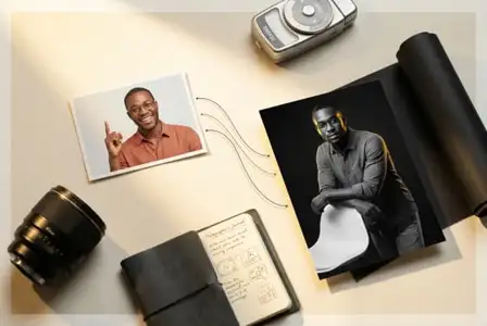 Professional photography flatlay with camera lens, vintage camera, portrait prints, and photographer's notebook on neutral background