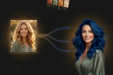 AI hair transformation preview showing blonde wavy hair on left changing to vibrant blue hair on right with color palette options at top