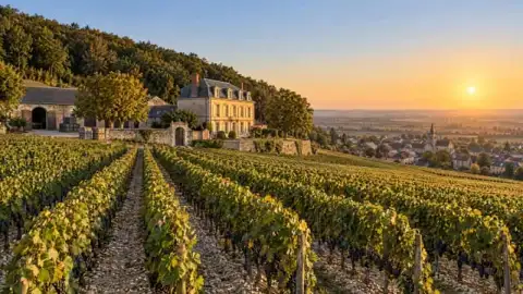 Maison Vesprée at golden hour: a stone manor and its press house on the slope of the Montagne de Reims, vines falling to the plain and the village steeple