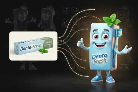 Animated toothpaste mascot character promoting Denta-Fresh toothpaste with mint leaves and product packaging on dark background