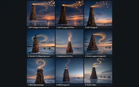 A 3×3 grid of nine versions of the same picture, a lighthouse built from stacked suitcases on a frozen sea at dusk with a beam made of moths, one per image model, each labelled with the model's name