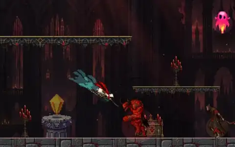 Crimson Tower gameplay: a hooded huntress with a crimson scarf dives sword-first at a horned demon brute, trailing a cyan afterimage, while a sickle cultist and a pink wisp close in inside a ruined gothic cathedral