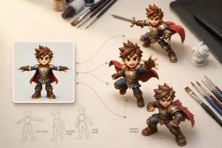 Anime knight character design sheet showing multiple poses and reference sketches for a spiky-haired warrior in golden armor with red cape