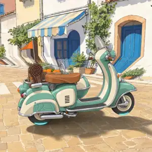A cel-shaded mint and cream sidecar scooter loaded with oranges on a sunny cobbled street in a seaside hill town