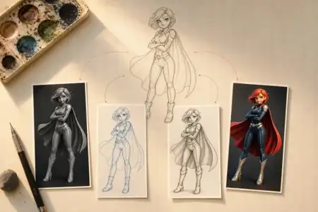 Anime superhero character design sketches showing female hero in cape with pencil drawings and colored illustrations on art desk