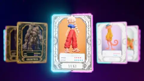 Sketch to Asset: a fan of glowing game cards, Yuki the street runner raised on a white and platinum card in front, a dark gold card and Figo the gecko's card either side