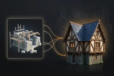 3D illustration showing medieval fantasy house construction process with building materials blueprint and finished half-timbered cottage with blue tile roof
