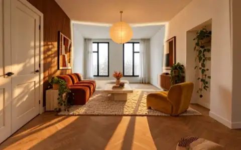 A white living room halfway through its makeover: a rust corduroy sofa, a travertine table, a walnut wall and a paper lantern glow in golden light while the far wall, with two tall black-framed windows, is still bare