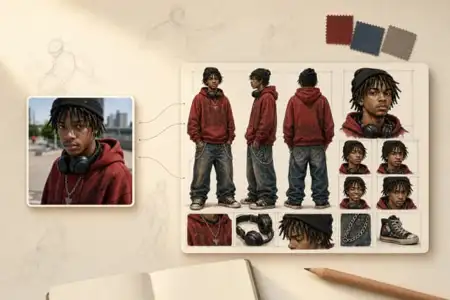 Character design sheet of young man in red hoodie with dreadlocks showing multiple angles, facial expressions, clothing details and accessories for illustration reference