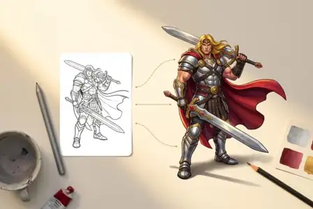 Fantasy warrior character design showing sketch and colored illustration with sword, armor, red cape, and golden details
