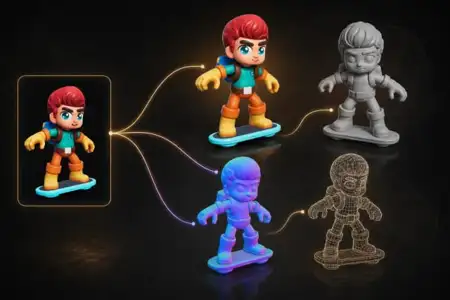3D character model progression showing colorful toy figurine in various development stages including textured, wireframe, and grayscale versions against dark background
