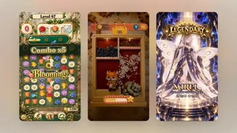 Three phones playing three invented mobile game ads: a painterly flower match-3, a clay fox pin-pull puzzle and an anime summon screen