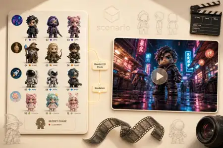 Anime character collection sheet with numbered rare and epic chibi characters, displayed with cyberpunk cityscape video preview, film strip, and director clapperboard