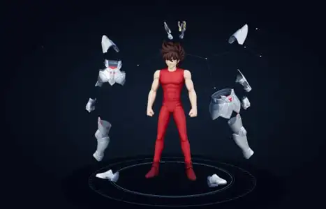 Seiya surrounded by floating silver Pegasus armor in a dark celestial 3D scene