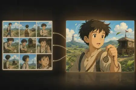 Anime boy with backpack holds pendant in rural landscape with tower, flanked by character study panels showing his expressions and journey