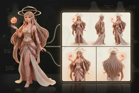 Celestial goddess character design with golden halo, flowing pink silk robes, and glowing orb, shown in multiple poses and angles