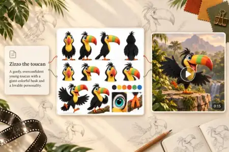 Zizzo the toucan character design sheet with multiple expressions and poses, featuring a colorful rainbow beak and animation guide