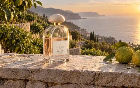 A glass perfume flacon with a pale stone stopper and an OLVANE Marée Pâle label on a sea-cliff wall at dawn, a bergamot beside it