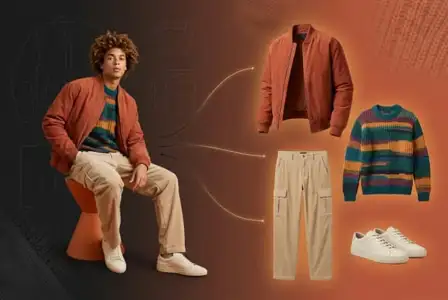 Young man in rust orange bomber jacket and colorful striped sweater with cargo pants and white sneakers, fashion lookbook styling guide