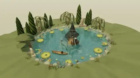 A miniature teal pond with a crooked sunken tower, a drifting canoe, giant lily pads and spiral cypress trees