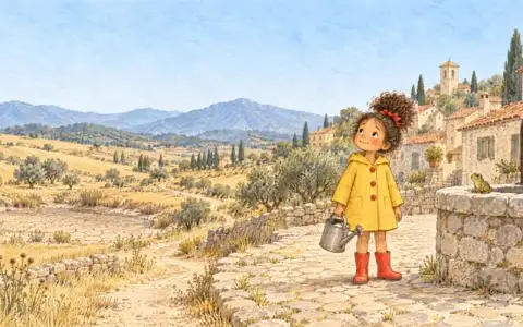 A watercolour picture-book page: a girl in a yellow raincoat and red boots holds a watering can beside a stone well in a dry hill village, a frog on the well's rim