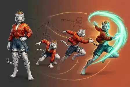 Anthropomorphic tiger warrior character design sheet showing standing pose and action animation frames wearing red ornate jacket and crown with glowing green magic effects