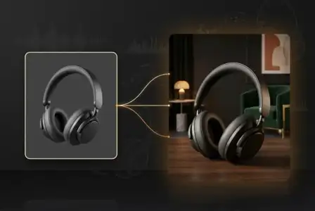 Premium black wireless headphones displayed in minimalist studio setting and modern interior room with warm lighting and contemporary decor