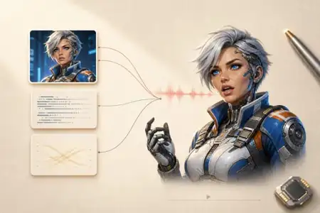 Futuristic AI voice assistant with silver hair, blue cyberpunk suit, and robotic hand gesturing at audio waveform interface diagram