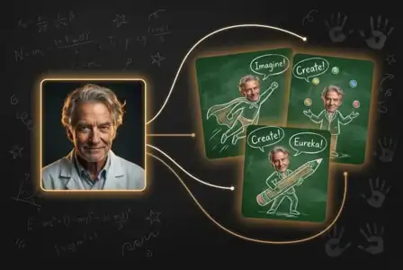 Older scientist with neon glow inspiring creative ideas shown on green chalkboards with cartoon illustrations saying imagine create eureka