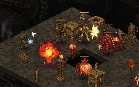 Pit Tactics: on an isometric pixel-art mining deck, a hooded sniper shoots a fuel barrel that bursts into a fireball beside a pit, while an armoured convict in a mining exosuit fires at a burning red alien behind cargo crates and sandbags