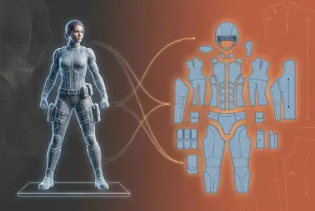 3D female character in glowing blue neon futuristic armor suit with detailed armor piece blueprint breakdown on orange background