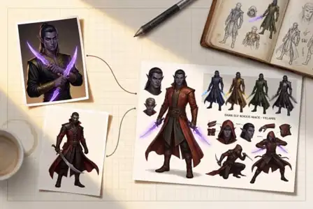 Dark elf rogue character concept art with purple magic swords, multiple pose variations, and costume designs on character sheet