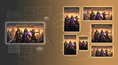 Fantasy warriors game UI mockup showing responsive design across tablet, mobile, and desktop screens with glowing golden interface elements