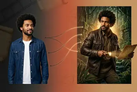 Man in denim shirt transforms into adventure explorer with leather jacket holding treasure map in mystical jungle setting - AI art illustration