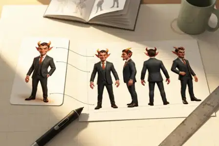 Character design sheet showing demon businessman in dark suit and red tie from multiple angles with horns and facial features for animation or game development