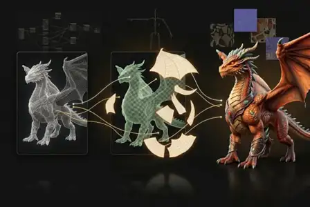 Dragon character design evolution showing wireframe mesh model, green rigged dragon with parametric wings, and detailed orange dragon with armor and jewelry