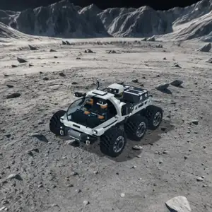 A six-wheel ivory rover with blue titanium equipment and amber accents on a Scenario-generated lunar landscape