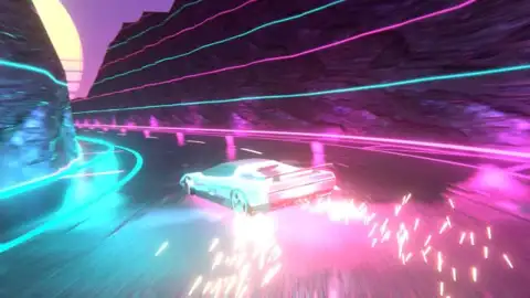 A white wedge racer drifts sideways through a neon canyon bend, sparks streaming from its rear wheels