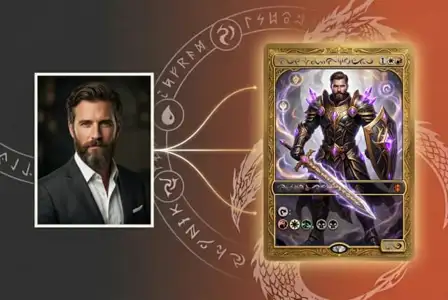 Portrait of bearded man in suit transforming into fantasy warrior card with purple armor and magical effects