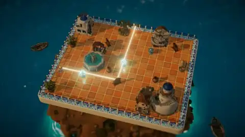 The Mirror Keeper: a sunlit island terrace of terracotta and blue zellige, a golden sunbeam bouncing between brass mirrors towards a white lighthouse