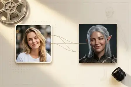 Character transformation comparison: realistic blonde woman portrait left to fantasy elf character with silver hair and leather armor right, connected by flowing lines