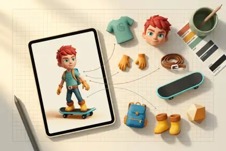 3D cartoon boy character with red hair on skateboard, design mockup with clothing, accessories, and color palette on tablet screen