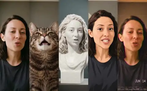 The same line in five takes side by side: Mira, her tabby cat, a white marble bust of her, an anime Mira and a 1990s camcorder Mira stamped JUN 14
