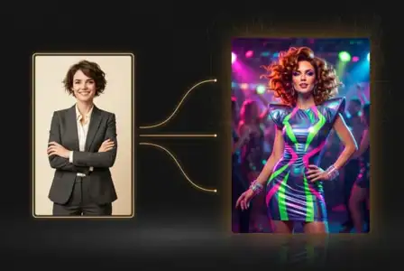 Before and after AI transformation: professional businesswoman in blazer converted to glamorous party girl in neon holographic dress with red curly hair at nightclub