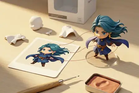 3D animated character with blue hair and navy cape next to digital illustration and sculpting tools on wooden desk