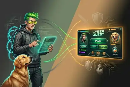 Cyberpunk hacker with neon green hair holding tablet next to golden retriever dog, with futuristic Cyber Quest game interface displaying menu options and potion items