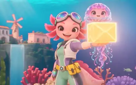 Change Only X, step 05: Lumi, a pink axolotl girl in a mint wetsuit and holographic goggles, holds up a glowing golden parcel in an underwater coral-reef town, with Nami, a pink jellyfish with long glowing tentacles, beside her head