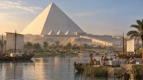 The Great Pyramid of Khufu in its original white limestone casing at dawn, seen from the Nile harbour at Giza